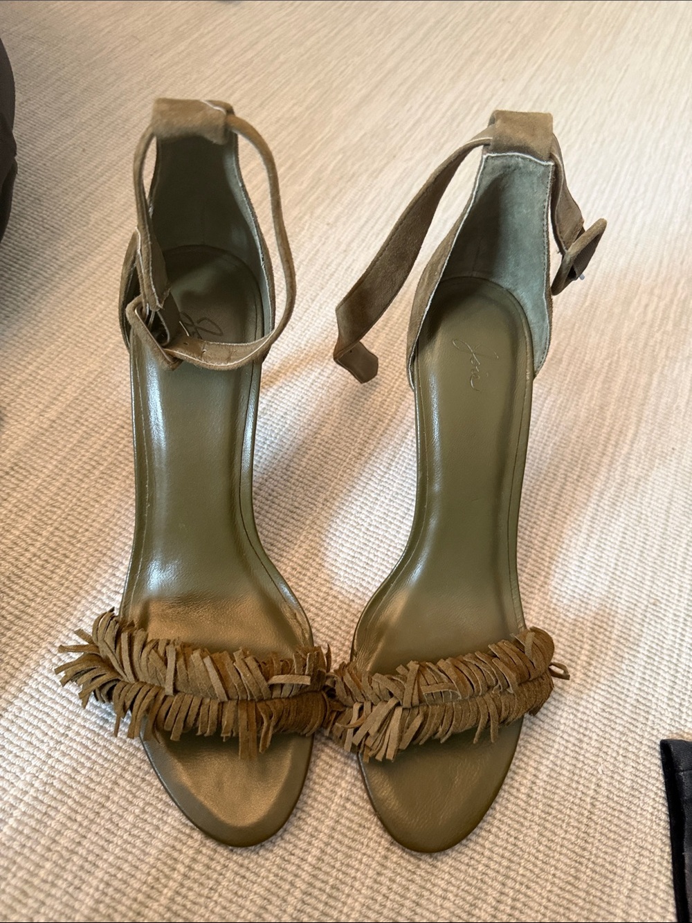 Joie Olive Green Suede Fringe Ankle-Strap Heels